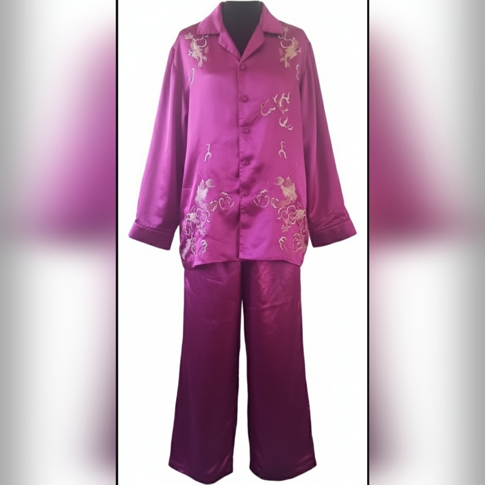 Vintage Hand Embroidery Glam Raspberry Silky Linen Dragon Pajama Set New